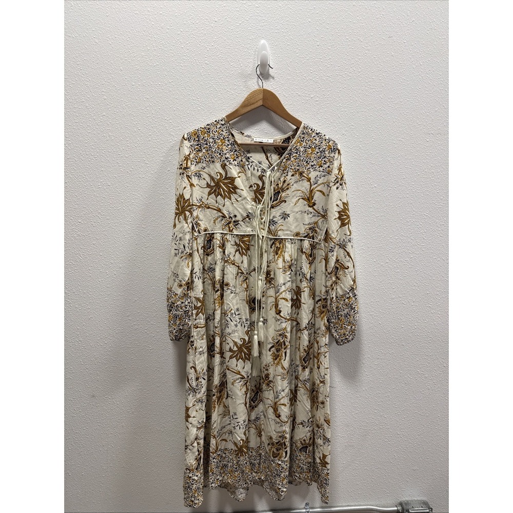 R. Vivimos Midi Dress M 8/10 Floral Ivory Gold Long Slv V Neck Boho Rope Tassels